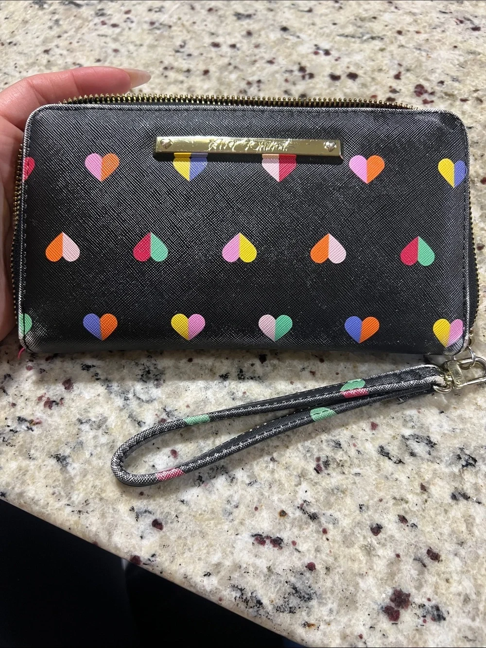 Betsey Johnson Black Zip-Around Wallet with Multicolor Heart Print